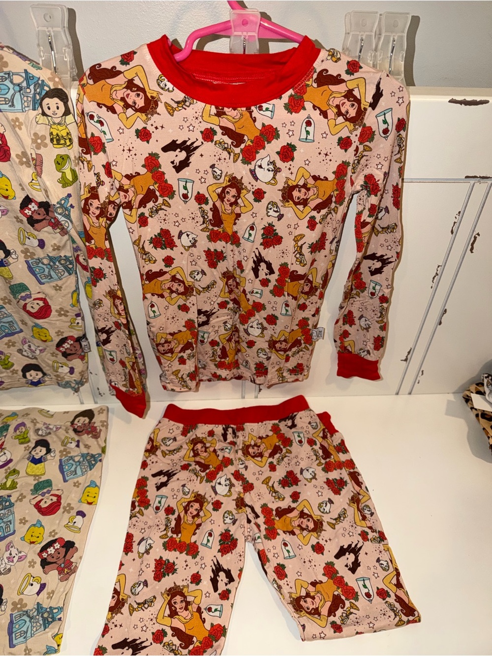 Girls' Belle-Print Pink Long-Sleeve Pajama Set with Red Trim
